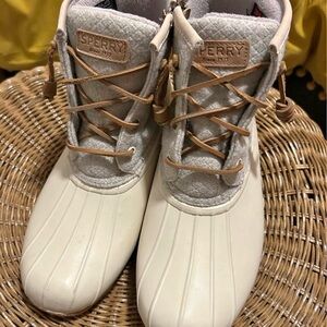 Sperry Off-White Duck Boots with Tan Laces